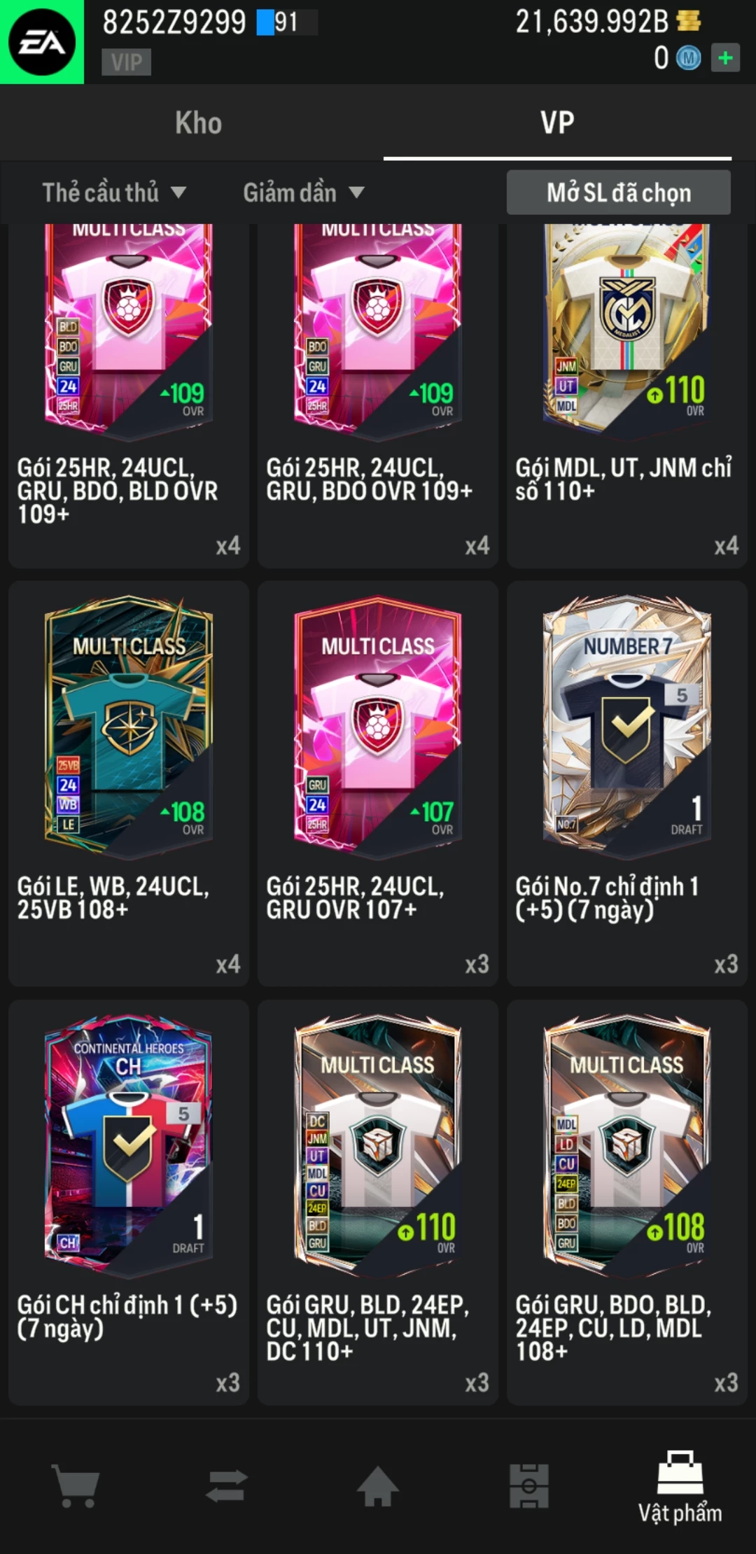 Ảnh ACC mở thẻ (LOẠI SVIP) gồm 500+ đến 700+ thẻ cầu thủ từ Siêu sao đến Miền núi các loại. Có sẵn BP trắng từ 18.500 tỷ BP đến 22.500 tỷ BP
